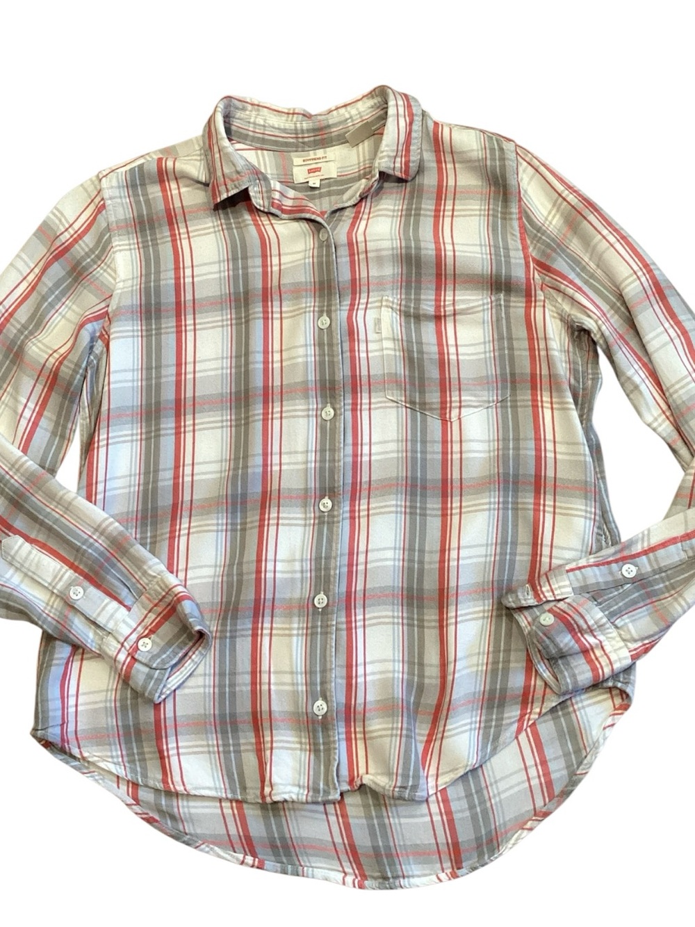 Levi’s Boyfriend Fit Plaid Button Down Shirt Medium Red Gray White Cotton - Picture 15 of 16